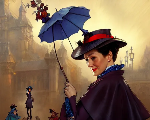 Image similar to mary poppins being arrested by police, deep focus, d & d, fantasy, intricate, elegant, highly detailed, digital painting, artstation, concept art, matte, sharp focus, illustration, hearthstone, art by artgerm and greg rutkowski and alphonse mucha
