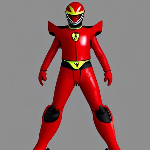 Image similar to Tokusatsu character based on Ferrari, red mechanical skinny body, chest plate with Ferrari logo, stylized motorcycle helmet, full body, unreal engine, 3D model