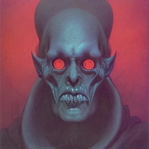 Image similar to inquisitor of Mephistopheles portrait by gerald brom and Zdzisław Beksiński, darkwave