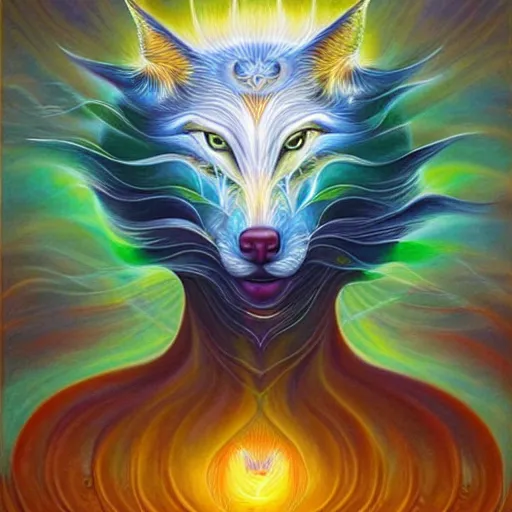 Image similar to enlightened spirit wolf teacher by MICHAEL DIVINE and by AMANDA SAGE in the style of oil painting visionary art, trending on artstation, very coherent symmetrical artwork, oil painting