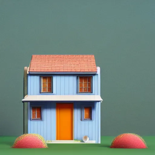 Image similar to cute chubby house, 3 d render, minimalistic, octane, 1 0 0 mm, depth of field, diorama, blue background