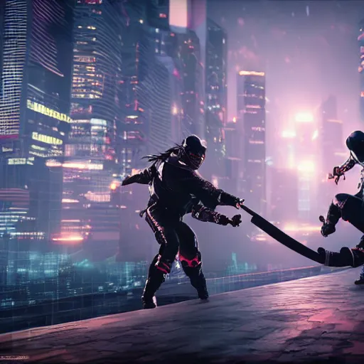 Prompt: fight of two ninja on cyber punk tokyo cityscape, unreal engine, octane render, haze, 8k, cinematic camera composition