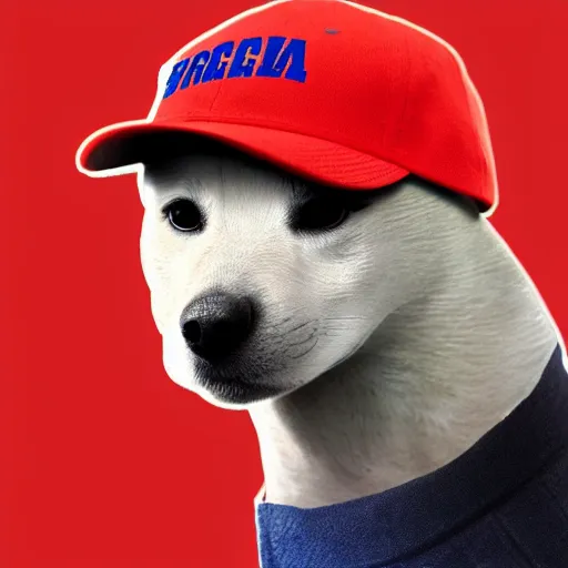 Image similar to doge wearing a make america great again cap, realistic, super detailed, wide shot, 8 k,