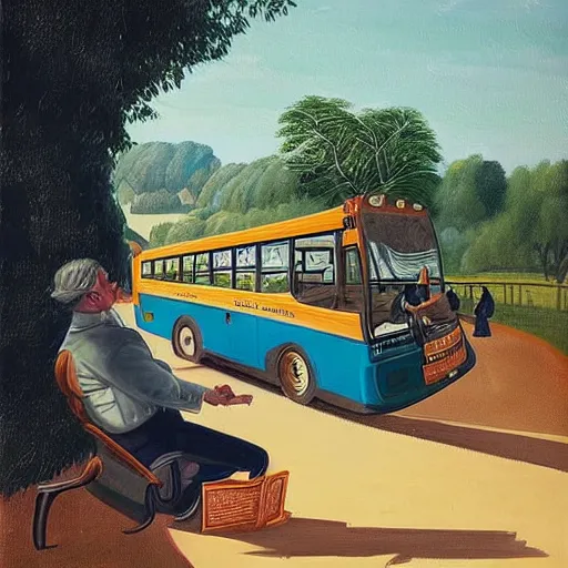 Image similar to “an idyllic painting of two men sitting on a bus, both reading heavy old books, one is blond, the other dark haired. Wearing monocles!!. In the style of neo rauch. Symmetric”