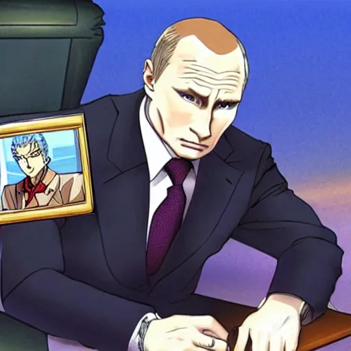 Image similar to putin in jojo bizarre adventure, very anime style