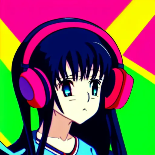 Image similar to An anime character's head wearing retro headphones. 90s anime, Sailor Moon, Neon Genesis, official art, flat cell shading, fantastic screenshot art, trending on artstation, muted nostalgic colors