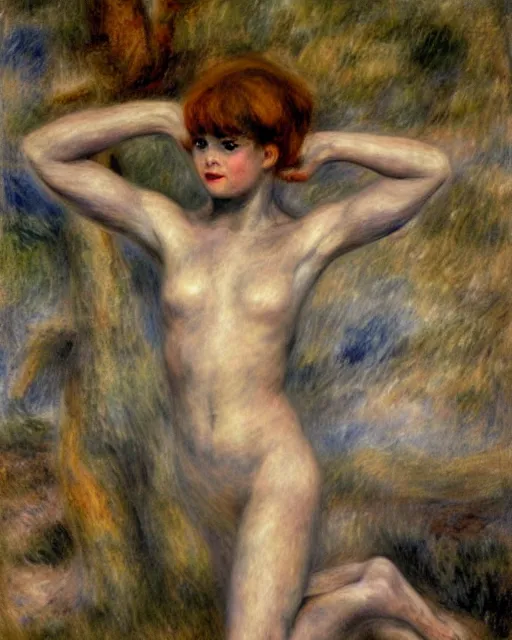 Prompt: draconic humanoid, pudica pose gesture, by renoir, in a white room, ultra - realistic and intricate, hdr 8 k