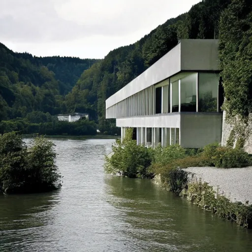 Prompt: a house by the river rhein designed by peter zumthor