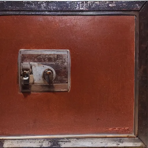 Image similar to A still life of a safe on the wooden ground, wood panels, metalic, (((rusty))), ((Edwin Foley))