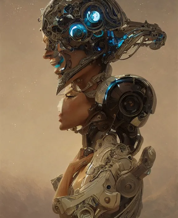 Image similar to portrait of a robotic human, half body, d & d, fantasy, intricate, elegant, highly detailed, digital painting, artstation, concept art, art by artgerm and greg rutkowski and alphonse mucha