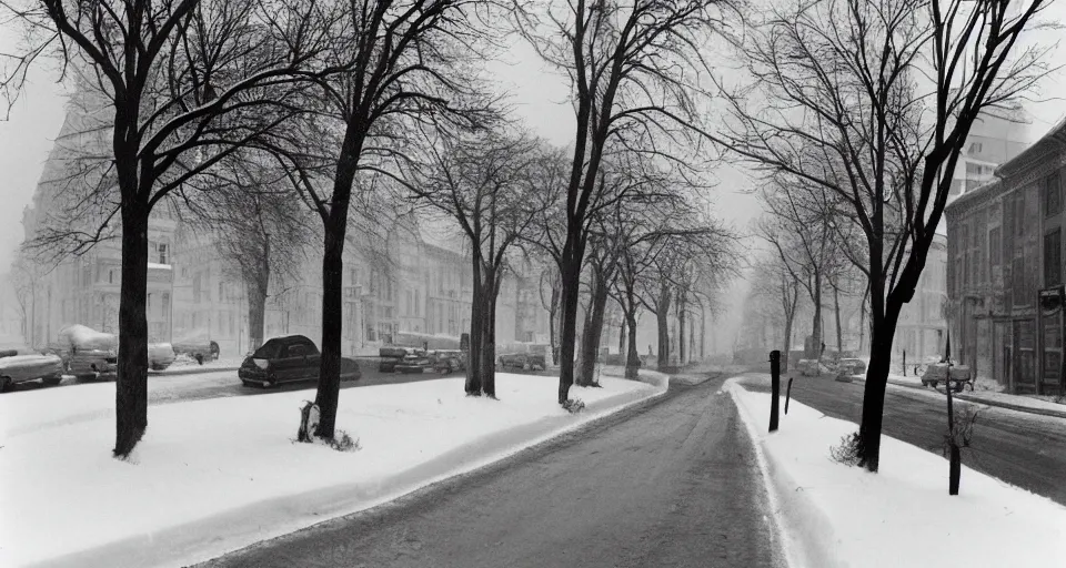 Prompt: image of a street in the winter, black and white photograph by andre kertesz