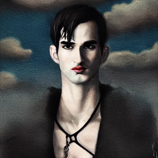 Image similar to well - shaven tom sturridge, black outfit, cape, in the style of tom bagshaw, sandman, misty endless dream cinematic background, netflix sandman