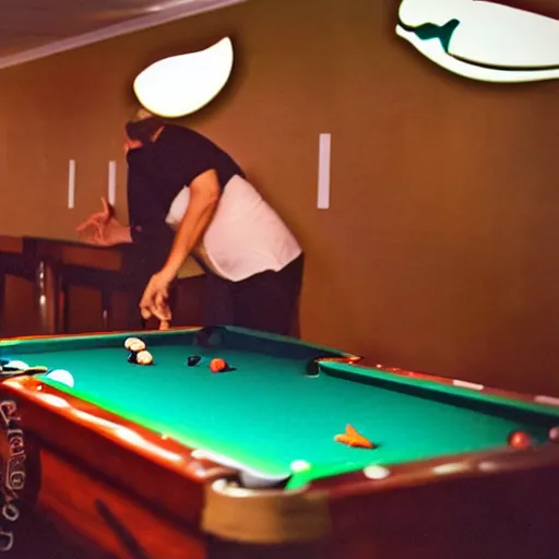 Prompt: a shark playing pool, candid photograph