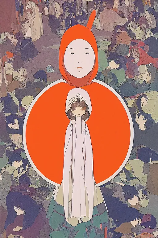 Prompt: a Girl in a large hood sitting on the ground and Slices of orange, cd and microphones float around ,Visual Communication Design by studio ghibli and mucha ,Refreshing colour