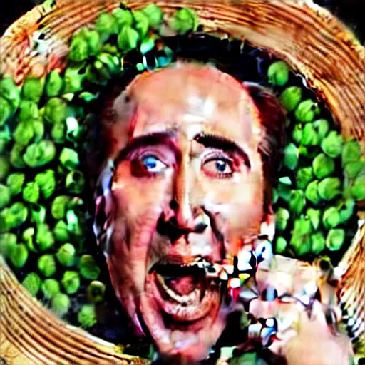 Image similar to nicolas cage with peas on his face, screaming in a wicker basket