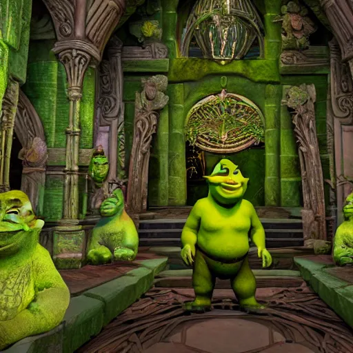 Image similar to inside of a shrek worshipping sanctuary, ornate, beautiful, green, get outta me swamp, shrek statues, shrek is love shrek is life, extremely detailed, octane render, shrek worship, ray traced, post processing, octane render