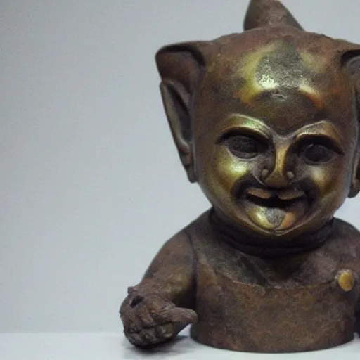 Prompt: photo of fragmented Bronze Babylonian sculpture of Teemo made of Bronze, Bronze!!