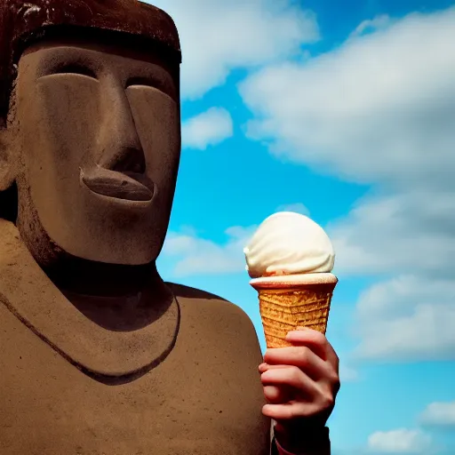 Prompt: a very upset and crying kid holding an ice cream cone with a small moai statue in the ice cream cone, 4 k photograph