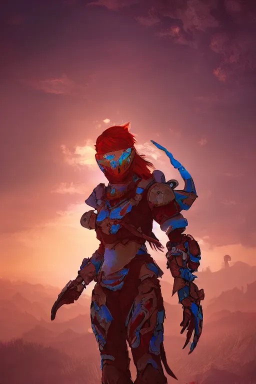 Image similar to combination suit armor aloy horizon forbidden west horizon zero dawn radiating a glowing aura global illumination ray tracing hdr fanart arstation by ian pesty and alena aenami artworks in 4 k tribal robot ninja mask helmet backpack