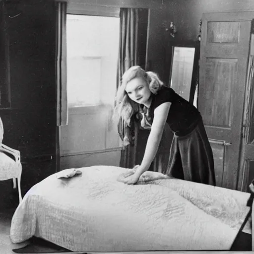 Prompt: kirsten dunst cleaning a bedroom, newspaper photograph, 1942