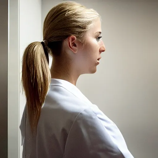 Image similar to profile of cute female nurse, blond hair. ponytail, white coat, in an elevator, gregory crewdson