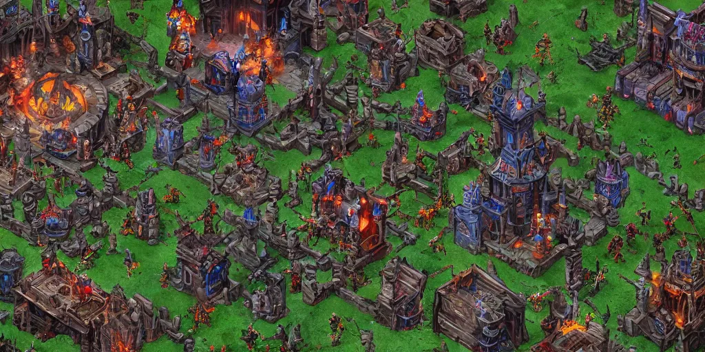 Image similar to Evil mage is standing on top of his tower, raising hands up high and leading his horde of zombies to outer lands. Isometric, high angle, big scale battle map. Highly detailed digital art, unreal engine.