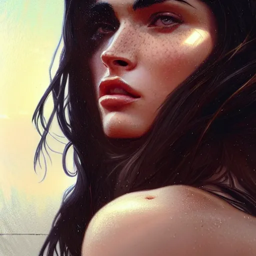 Image similar to Megan Fox , highly detailed, digital painting, artstation, concept art, sharp focus, illustration, art by greg rutkowski and alphonse mucha