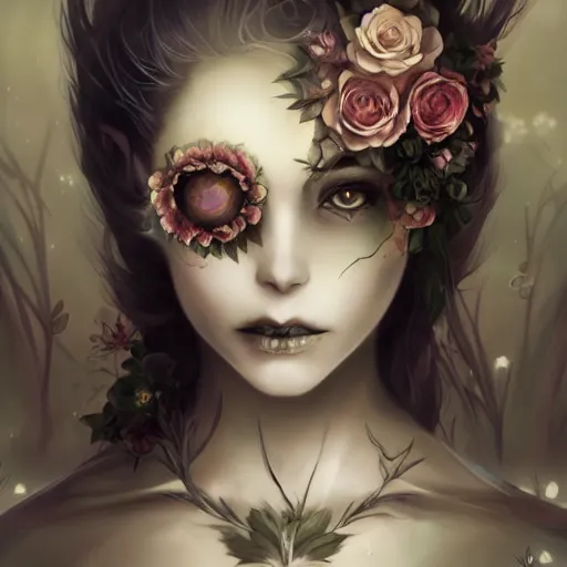 Prompt: stunning anime goddess hybrid skeleton of the floral river flowers, in a dark romance, misty, by cgsociety, in the style of charlie bowater, tom bagshaw, intricate, beautiful, artstation 8 k, high resolution
