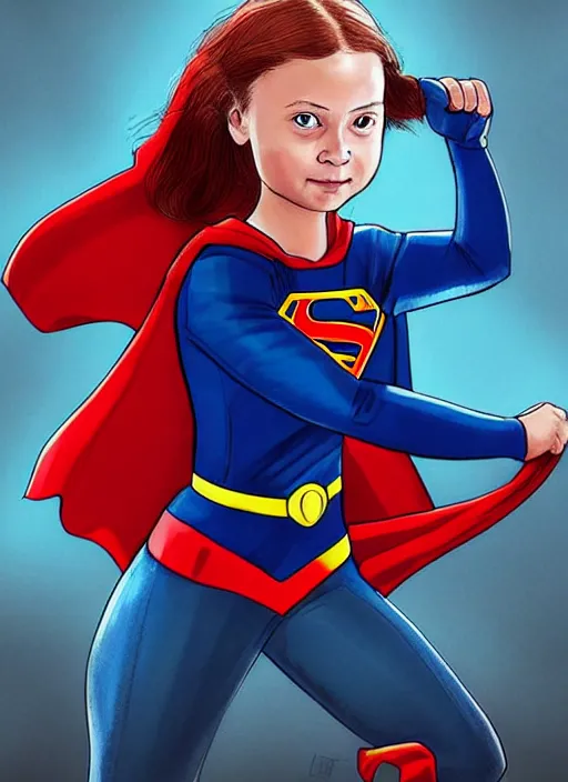 Image similar to greta thunberg as supergirl, detailed digital art, trending on Artstation