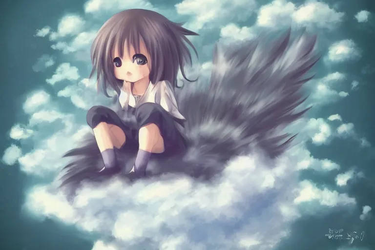 Image similar to a cute anime girl sitting on a cloud, digital art, anime,