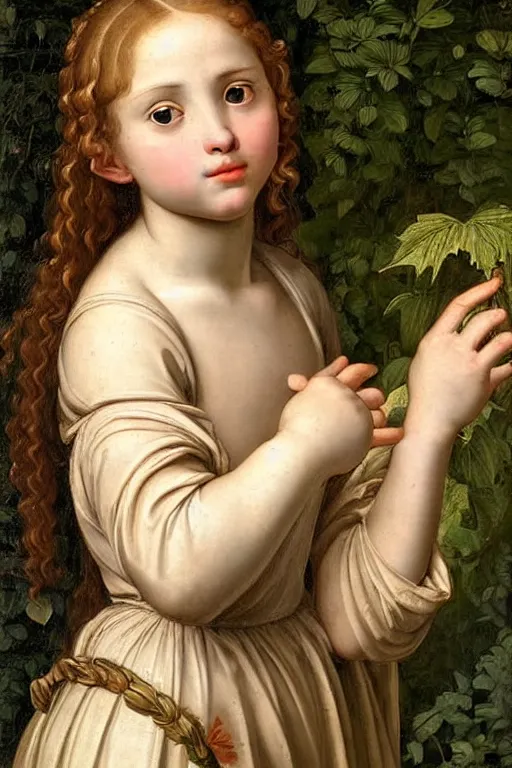 Image similar to renaissance painting of young girl in the garden, closeup, curly long hair, face closeup, emotions closeup, dressed in roman armour, the beautiful garden with maple leaves everywhere, ultra detailed, art by guido reni style, vincenzo catena style