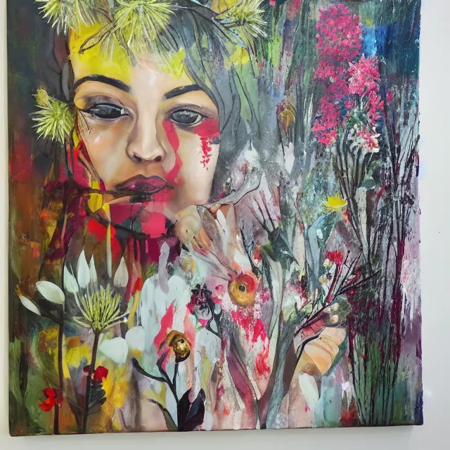 Image similar to “ a portrait in a female art student ’ s apartment, australian wildflowers, sensual, queer woman, flax, flannel flower, bottlebrush, eucalyptus, art supplies, a candle dripping white wax, clay, squashed berries, berry juice drips, acrylic and spray paint and oilstick on canvas, surrealism, neoexpressionism ”