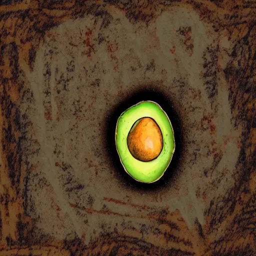 Prompt: photo of a cave painting petroglyph of an avocado being stolen, parietal art style, cave painting, sepia colors