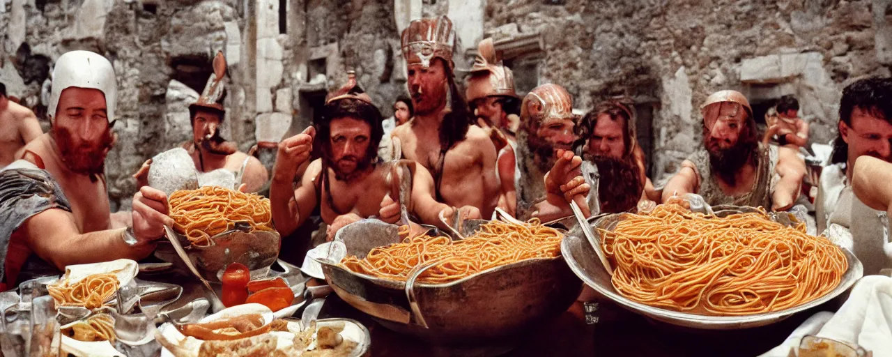Prompt: ancient romans gladiators eating big bowl of spaghetti!!!!, architectural, minimal, canon 5 0 mm, wes anderson film, kodachrome, retro