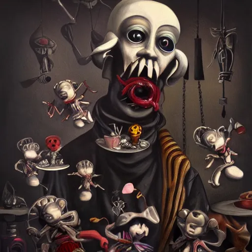 Prompt: beautiful painting of the evil porcelain old puppeteer surrounded by toy ballerinas in the style of Welder Wings and H. R. Giger. Dark background, detailed, trending on Artstation