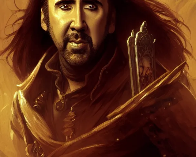 Image similar to nicolas cage as a pirate, deep focus, d & d, fantasy, intricate, elegant, highly detailed, digital painting, artstation, concept art, matte, sharp focus, illustration, hearthstone, art by artgerm and greg rutkowski and alphonse mucha