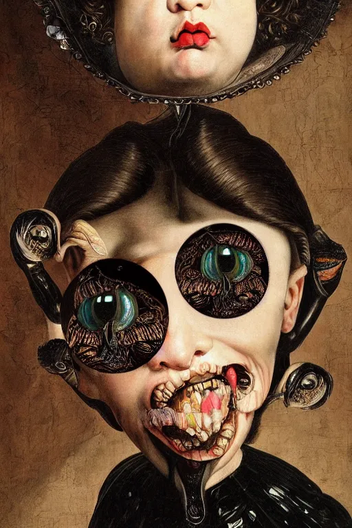 Image similar to Detailed maximalist portrait with large lips and with large eyes, angry, exasperated expression, HD mixed media, 3D collage, highly detailed and intricate illustration in the style of Caravaggio, dark art, baroque