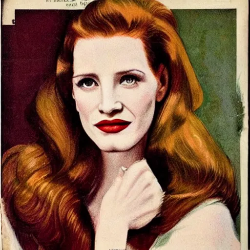 Image similar to “Jessica Chastain portrait, color vintage magazine illustration 1950”