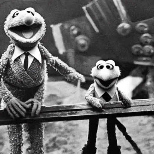 Prompt: old photo of muppets fighting on a bridge in world war 2