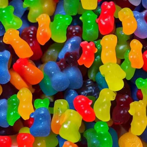 Prompt: a group of gummy bears grouping up on a gummy worm