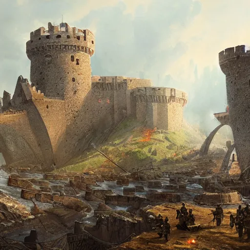 Image similar to army defending stone bridge of a castle from a large attacking force, digital art, 4 k, epic, intense, medieval, intricate, battle, greg rutkowski, joeri lefevre, max prodanov, trending on artstation