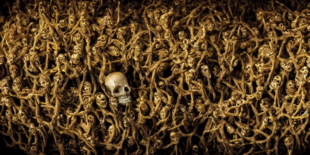 Prompt: a highly detailed realistic photographic render of swarm of corpses worshipping a skull with crown of thorns made of gold in the style of billelis, billelis , creepy, cinematic lighting, cinematic scene, Volumetric lighting, Atmospheric scene, Dark, Horror, Atmospheric lighting, Global illumination, realistic, photo realism, hyper realistic, hyper realism, photo realisitc, cinematic render, film, beautifully lit, ray traced, octane 3D render, octane render, unreal engine