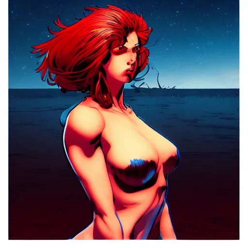 Image similar to a beautiful comic artwork by Jerome Opeña of a woman with red hair near a lake at night, featured on artstation