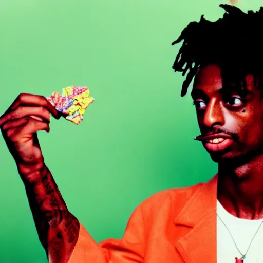 Image similar to playboi carti eating fruity pebbles, film grain, vintage photo, high contrast