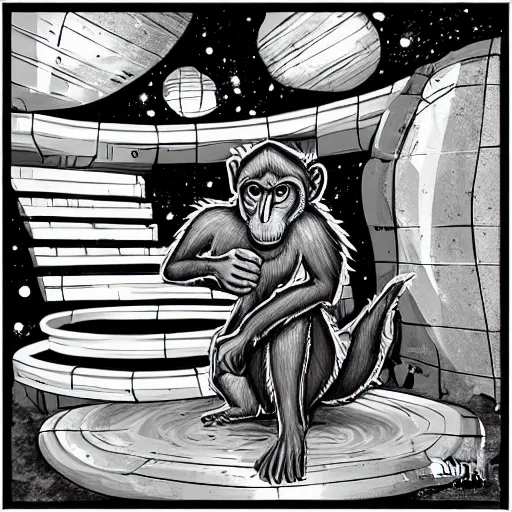 Image similar to cartoon style macaque inside alien base, digital art, soft shadows, creepy art