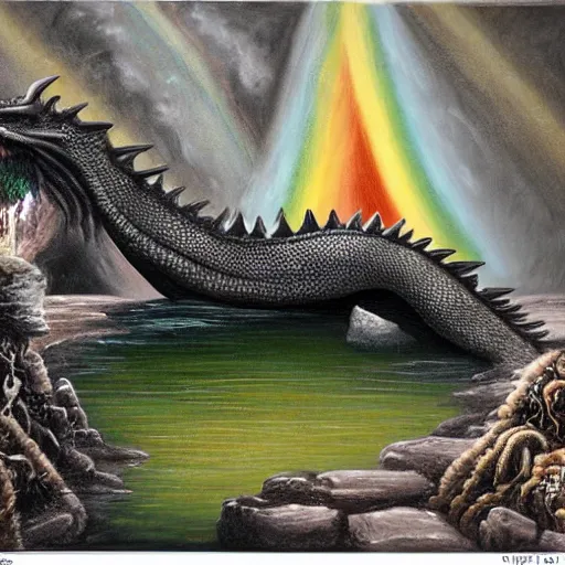 Prompt: highly detailed oil painting of a rainbow hotspring within dark grey cavern, black dragon sitting in the middle