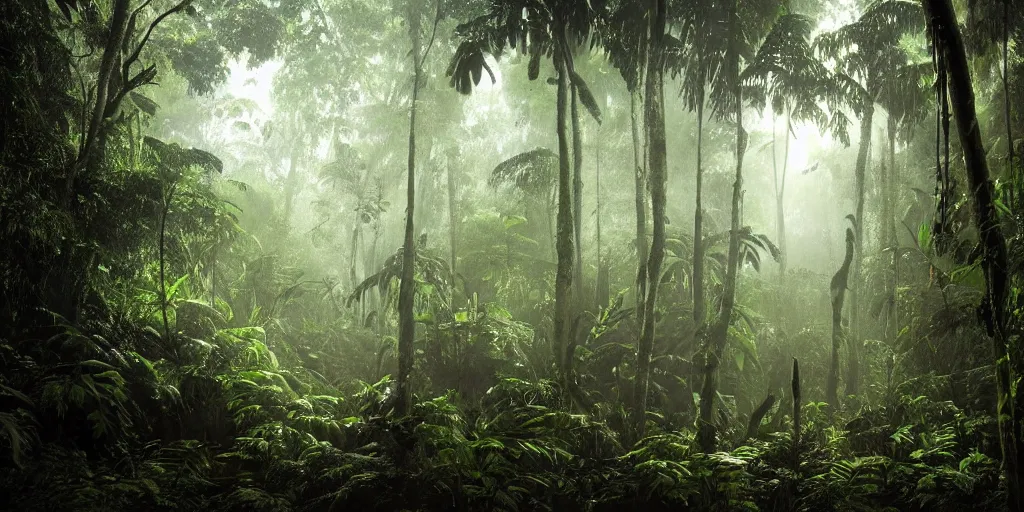 Image similar to lost in the amazon rainforest, beautiful, cinematic, dramatic lighting, shadows, highly detailed