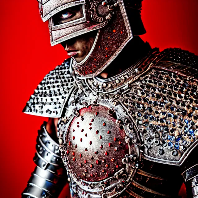 Image similar to photo of a warrior with ruby encrusted armour highly detailed 8 k hdr smooth sharp focus high resolution award - winning photo dslr 5 0 mm