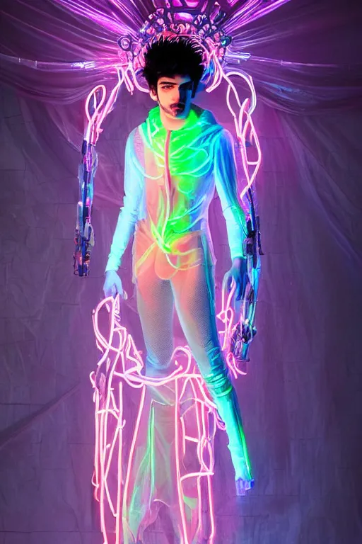 Image similar to full-body baroque and cyberpunk style neon statue of a attractive pale Zayn Malik as a humanoid diety wearing a thin see-through plastic hooded cloak sim roupa, posing like a superhero, glowing peach face, crown of pink lasers, large diamonds, swirling black silk fabric. futuristic elements. oozing glowing liquid, full-length view. space robots. human skulls. throne made of bones, intricate artwork by caravaggio. Trending on artstation, octane render, cinematic lighting from the right, hyper realism, octane render, 8k, depth of field, 3D