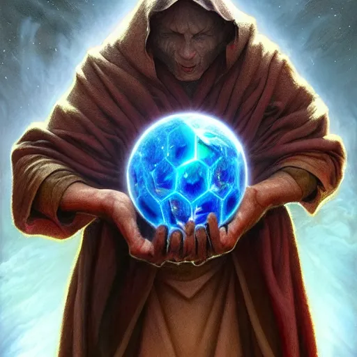 Image similar to the creator of worlds wearing a cloak and holding a holographic planet projection in his hand, detailed, sci - fi, digital painting, artstation, sharp focus, illustration, ominous, artgerm, tomasz alen kopera, peter mohrbacher, donato giancola, joseph christian leyendecker, wlop, frank frazetta